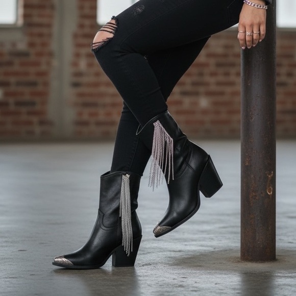 The Kai Rhinestone Fringe Etched Toe Cap Western Cowgirl Booties Boots Black - Picture 8 of 8